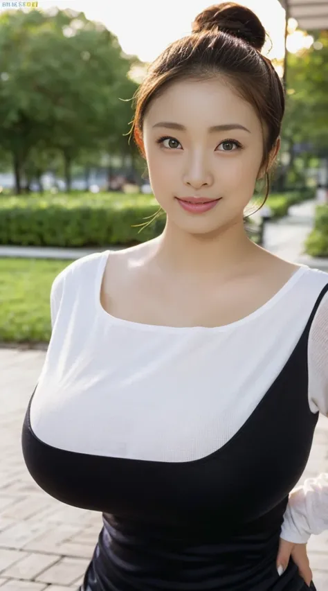 (masterpiece,high quality:1.3),(Depth of written boundary:1.3) ,((Front body:1.35)),  Japanese ,woman,Hair Bun, Long sleeves Round neck ,t shirt maxi (((tight))) dress,(Huge breasts:1.5),(View your viewers:1.3),(whole body:1.2), hyper breasts,gigantic brea...