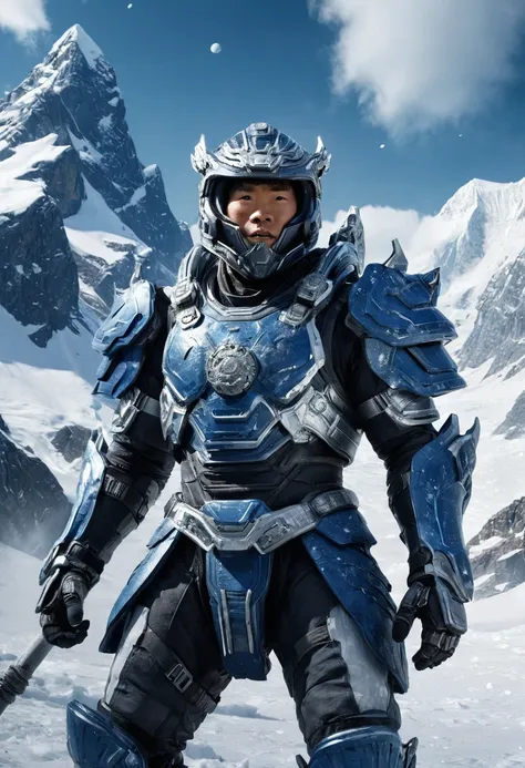 aiyouxiketang, a movie poster with a sci-fi,future context. a man,snow mountain,glacier,wearing blue and white metal armor,falli...