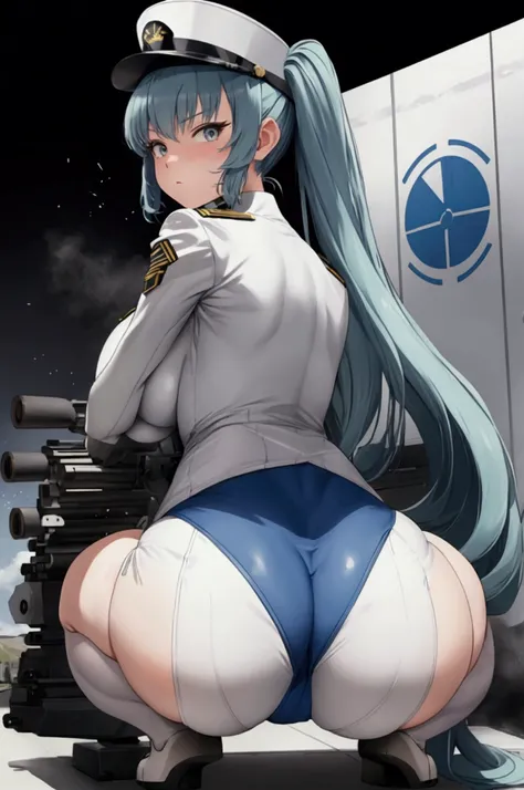 (privacy),(light blue hair)、(long twin tails)、(white tight military uniform),(white military cap)、(nod),(true to prompts)、((look...