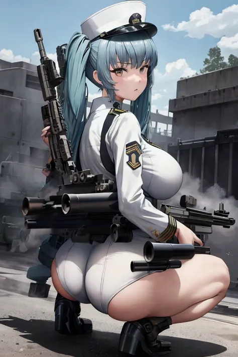 (privacy),(light blue hair)、(long twin tails)、(white tight military uniform),(white military cap)、(nod),(true to prompts)、((look...