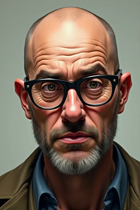 Create a picture of a not very handsome person with glasses Create a face of a not very handsome man with glasses who is half bald 