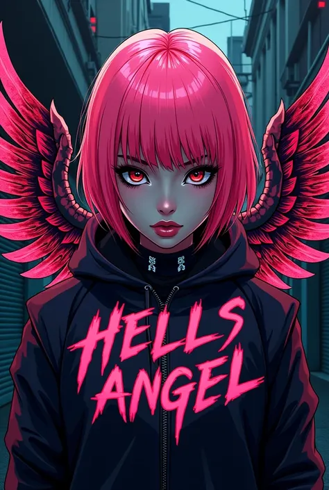 Create a logo that says Hells Angel with a wing, with pink details. referencing a pink-haired Japanese gangster woman