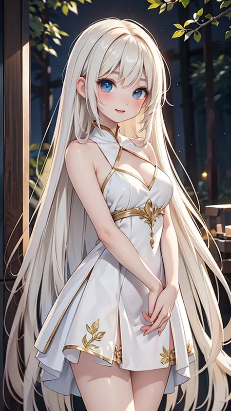 European woman in her late 20s、Anime style illustrations。Short, young and beautiful、Fair skin。Full of joy。Short, young and beautiful、Long bright golden white hair。Slender and slim figure。She is wearing an elegant dress like a fairy。The background is a nigh...