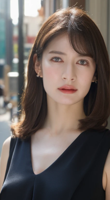 ((Highest quality、8k、masterpiece：1.3))、Sharp focus：1.2、Beautiful woman with perfect style：1.4、Slim Abs：1.2、((Dark brown hair、Huge boobs：1.2))、(Natural soft light、City Street:1.1)、Highly detailed face and skin texture、Detailed eyes、double eyelid,Sexy Swimwe...