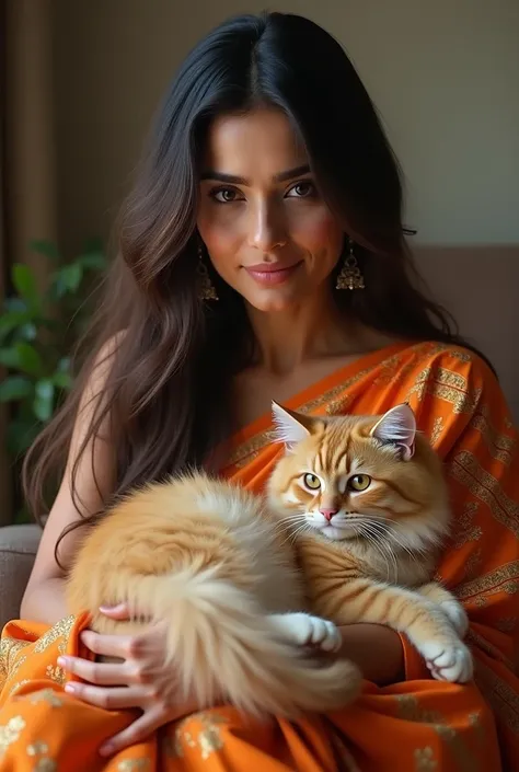 Katrina kaif holding a cat in her lap. Katrina wearing a saree. Cat is golden color. Persian cat
