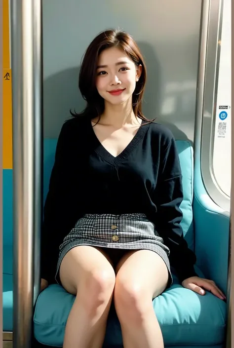 Beautiful Japanese Office Lady、Pleated skirt、dress shirt、panty peek、Pink Panties、smile、looking at viewer、Please put your feet up、breast squeeze、short hair、White background、Sit on a chair、Flash photography