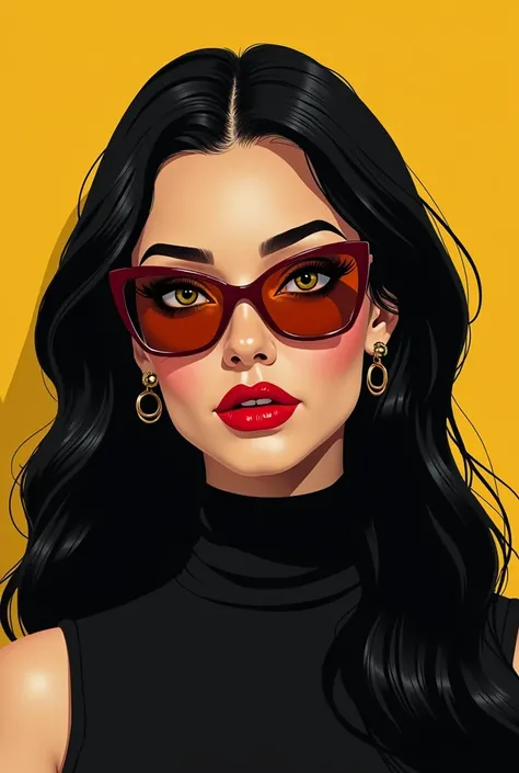  beautiful woman with long black hair and yellow eyes, red lipstick, vector illustration, flat design, black turtleneck, cartoon style, yellow background, closeup portrait, stylish outfit, fashion concept art