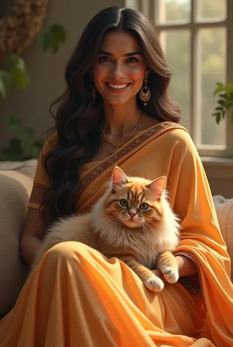 Bollywood heroine Katrina kaif holding a cat in her lap. Katrina wearing a saree. Cat is golden color. Persian cat
