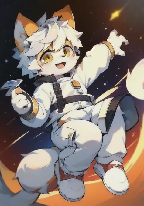 ，A white male cat，Orange fur，White fur，Silver hair，Golden Eyes，Big furry tail，Furry ears，Meat pad，happy，cute，Q version，clothed in space suit，In the universe，Strange environment，In space