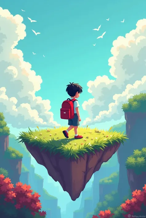 Pixel Art。Pixel art。Square floating terrain。An elementary school student carrying a red backpack。