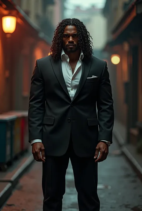 mascle, muscular, brown skin, long and curly brown hair, dark suit pants, black blazer with white shirt inside, city background, natta, on a dark alley, realisitic, 8k, engine unreal, highy detailed, octane rendering,