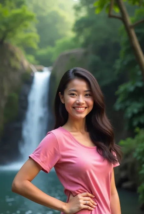 Create Real pinay girl age 30 wearing pink short and sleevless s say cheese standing with background water falls