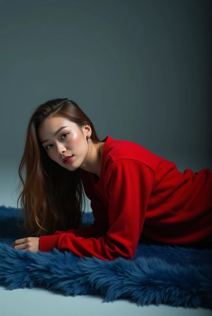 There is a woman in a red sweater lying on a blue mat, posing like a falling model, Making a majestic and hot pose, very pose sexy, promotional session, Looking from the side!, half body shot, filmed in the photo studio, pose sexy, general full body shot, ...