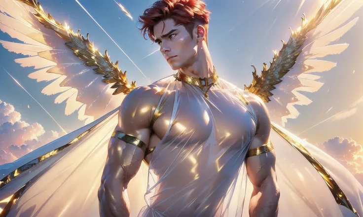 [((highly detailed, detailed eyes, detailed face, clear and realistic facial features, photorealistic, realistic light, cinematic, looking at you)), (1 man), (((((Gorgeous perfect sexy powerful masculine male angel with see-thru transparent wings))))), (((...