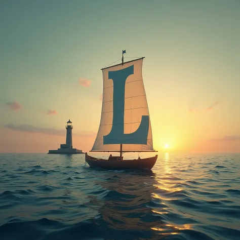 A boat sailing towards a lighthouse. The sail of the boat can be formed by the letter "L"