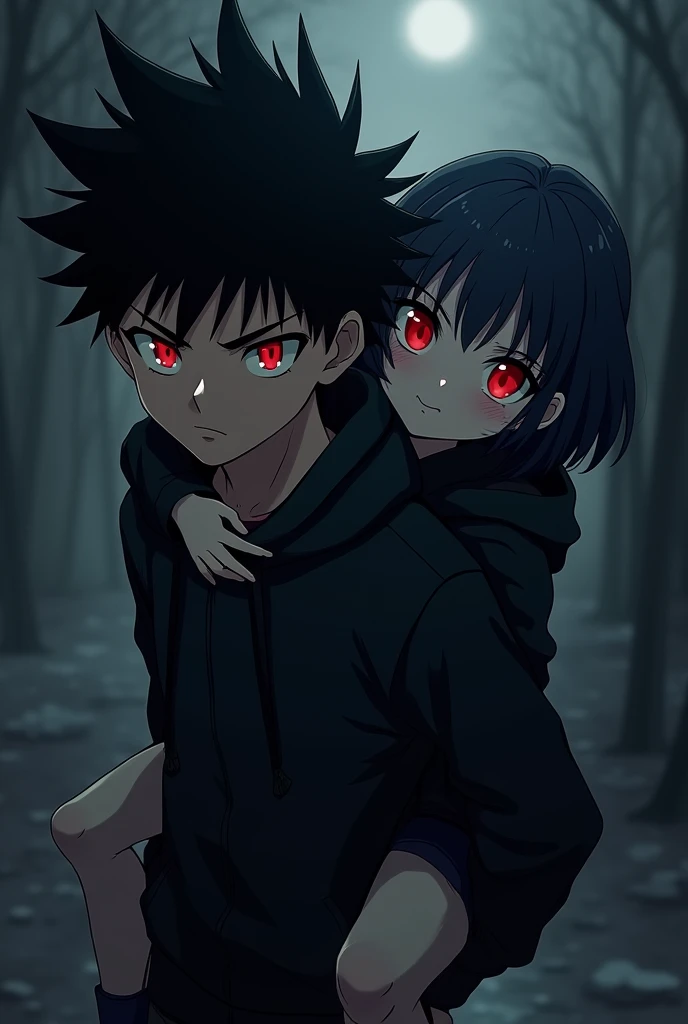 A boy ((( Anime boy , Spiky hair , black hair , black hoodie , blood red eyes , narrowed eye
 ))) , A girl ((( Anime girl , dark blue hair , modern day mullet hair style , black hoodie , red eyes , almond eye ))) , boy carrying girl , girl behind boy , pig...