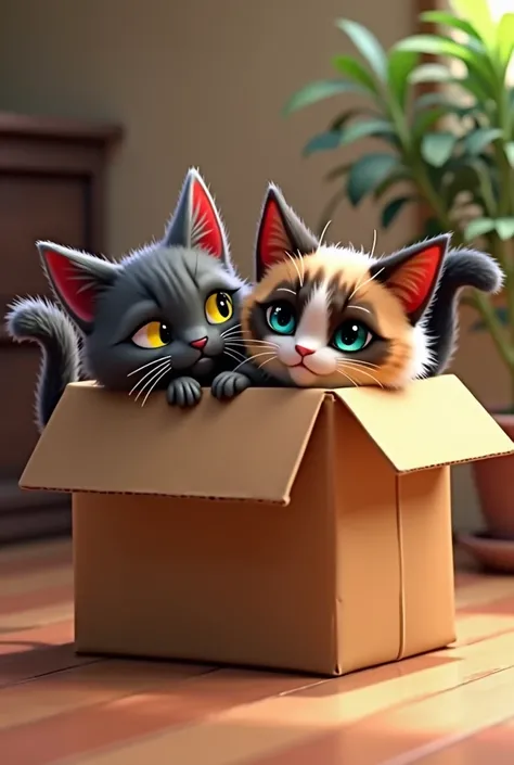 two cats inside a brown box with their tails up, a dark gray with yellow eyes and a Siamese with blue eyes brown face and black tail pixar style