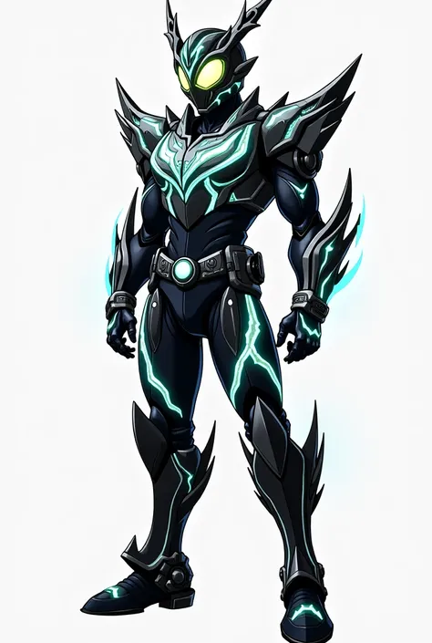 A futuristic Kamen Rider suit powered by atmospheric electricity. The suit features a sleek, aerodynamic design with sharp angles and lightning bolt patterns. The helmet has a visor that can change color and a pair of pointed horns. The chestplate has a ce...