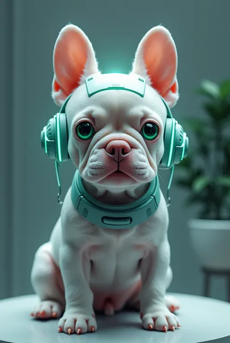 a light grey french bulldog sitting with green eyes, technological with the design of DJ Marshmallow on the head and with the name highlighted "Digital 
Marsh"

