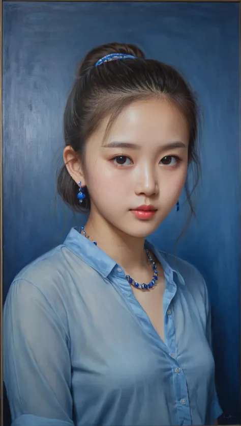 painting of a young girl with a blue shirt and necklace, young girl, oil on canvas, yanjun chengt, oil on canvas 8k, oil on canvas 8 k, 8k resolution.oil on canvas, front portrait of a girl, inspired by Wang Ximeng, portrait young girl, oil on canvas paint...