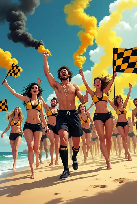 Image, posters, cartoons d’un groupe de supporter de style ultra hooligans, à la plage en short noir et jaune avec des fumigènes jaune et noir dans leurs mains et des drapeaux à damier jaune et noir. Des femmes sexy en bikini jaunes et noirs sont à leur cô...