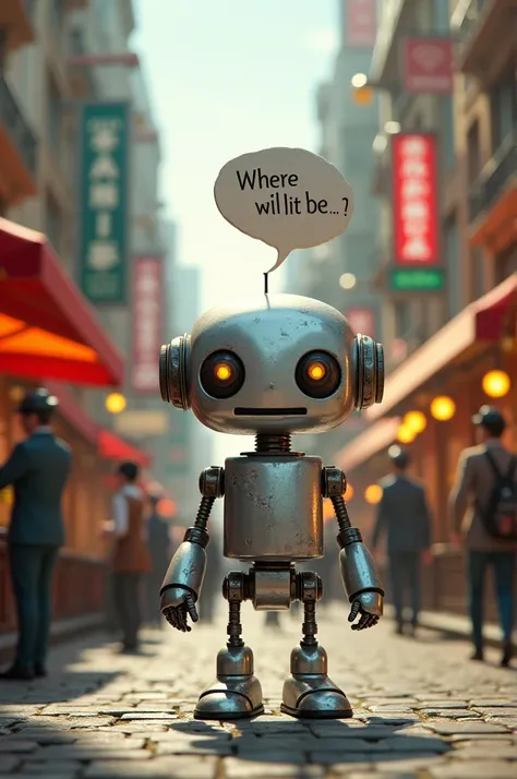 A little robot in the middle of a city of the best restaurants, with a confused face. With a cloud that says "Where will it be?...?"