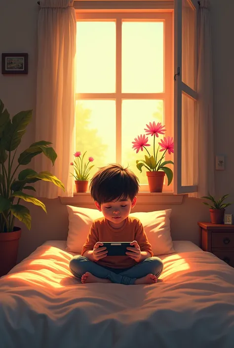 A boy gaming in his bed,in a small room,opened window with sun,some flowers in the window.