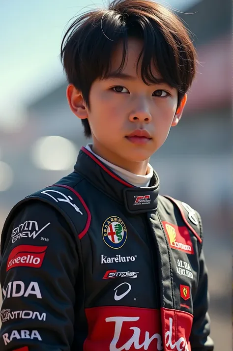 korean boy, Dark brown hair, dark brown eyes, formula one racing clothing, high, Beautiful, serious, alfa