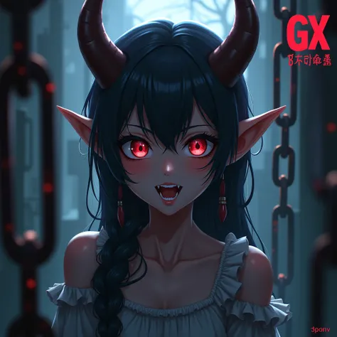 phonk anime demon girl horror with chains in background with blur, 8k high quality image, add a trademark "GX Station"