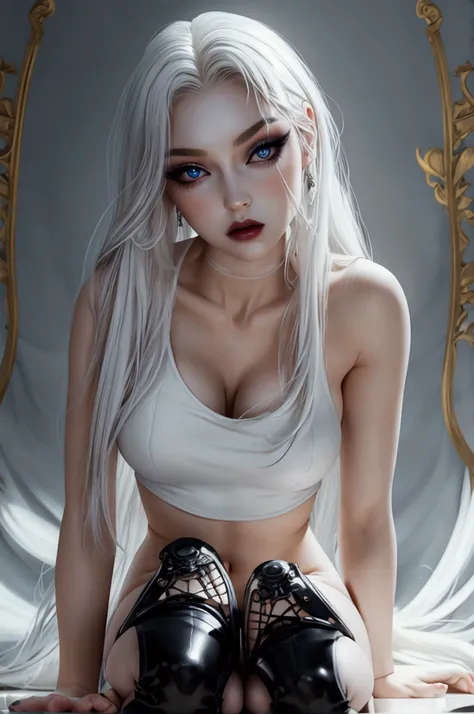 Masterpiece, best quality, highly detailed, 4k. A (((full-body))) fantasy art illustration of an ethereally beautiful 18-year-old girl. She has doll-like caucasian features and ((very pale porcelain skin)). Her large eyes are a striking blue, and she is we...