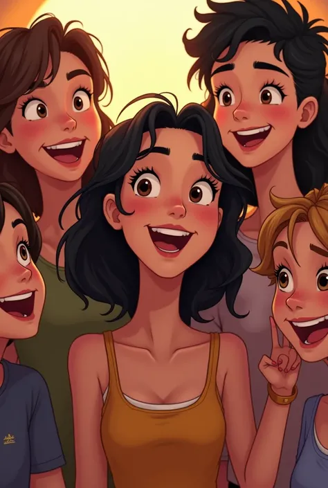 Mia: Surrounded by friends, including Jake, her childhood friend with messy black hair and a mischievous grin. Mias face is flushed with excitement.