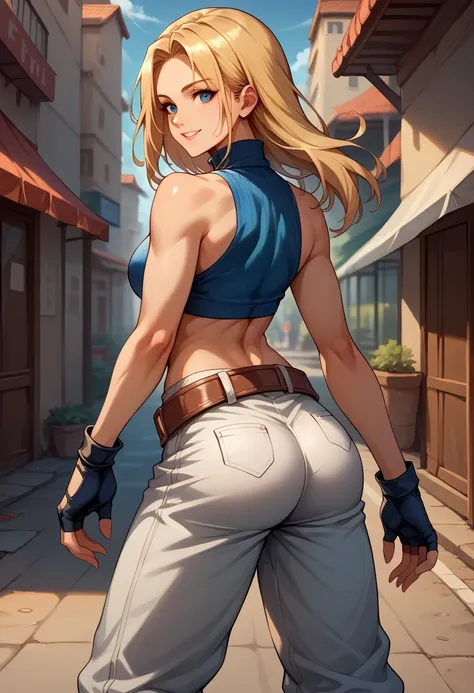 score_9, score_8_up, score_7_up, BREAK, score_9, bmarydg, blonde hair, smile, sleeveless turtleneck, sleeveless, baggy pants, loose belt, crop top, blue_Pants, fingerless gloves, blue eyes, looking at viewer, cowboy shot, ass, from behind, street