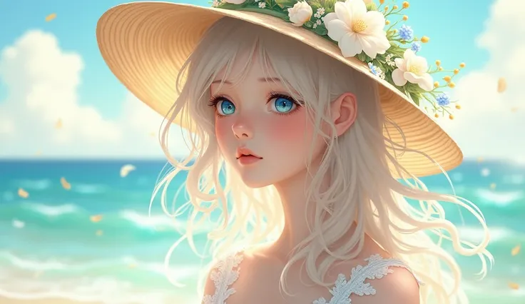 a delicate and ethereal illustration of a young woman with flowing platinum blonde hair, gently swaying in the breeze. She is adorned with a wide-brimmed straw hat, decorated with white and pale blue flowers, evoking a serene, summery atmosphere. The scene...