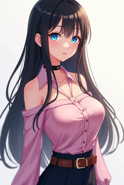 masterpiece++, best quality++, beautiful+, anime style,1person, full body image, skirt, leather belt, off shoulder pink dress shirt, beautiful blue eyes++, long straight black hair, modern style, choker