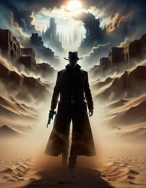 Roland of Stephen Kingâs The Gunslinger, back view, a sci-fi gunslinger amidst a deserted world with a distant glass tower, wearing long dirty coat, sandstorm, dust-covered sun, futuristic western, extremely detailed, cinematic light, masterpiece, ais-si...