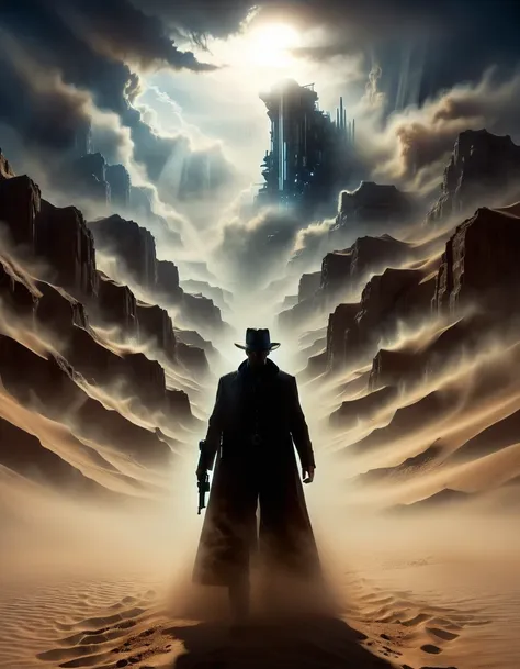 Roland of Stephen Kingâs The Gunslinger, back view, a sci-fi gunslinger amidst a deserted world with a distant glass tower, wearing long dirty coat, sandstorm, dust-covered sun, futuristic western, extremely detailed, cinematic light, masterpiece, ais-si...