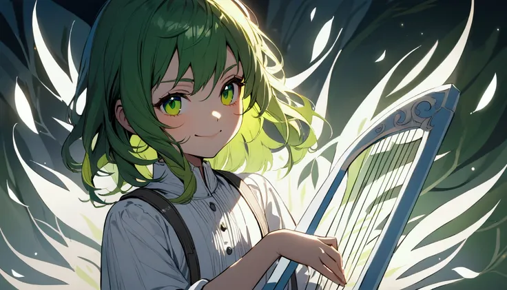 child girl, tidy hair, medium length hair, multicolored white and green hair, innocent smirk, greeneyes, white  shirt, school blue jacket, white tattoos on the body, holding a magic harp, leaf aura 