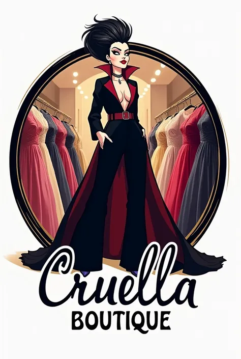 Logo for a boutique with Emma Stone dressed as Cruella de Vil in a boutique full of dresses on a white background, With the name "Cruella Boutique" In the middle 