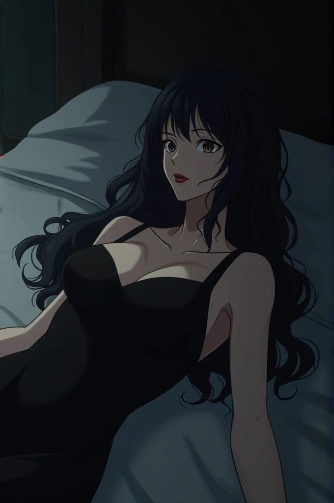 Jujutsu Kaisen screencap of a Female has a beautiful face and long black hair. curls at the end. She wore a black sleeveless dress and lay on the bed with red lipstick. The background is a dark bedroom at night.