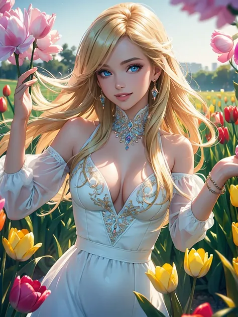 (Best quality,ultra detailed,photorealistic:1.37),Bright and rich colors,studio lighting,playful facial expression,stylish makeup,Long blonde hair fluttering in the wind,inviting eyes,glossy lips,sexy pose, Tulips, I smile confidently and seductively,posin...