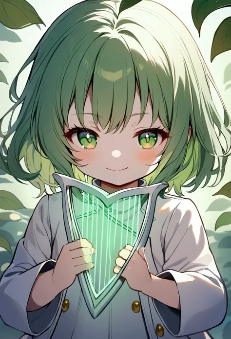 child girl, tidy hair, medium length hair, multicolored white and green hair, innocent smirk, greeneyes, white  shirt, school blue jacket, white tattoos on the body, holding a magic harp, leaf aura 