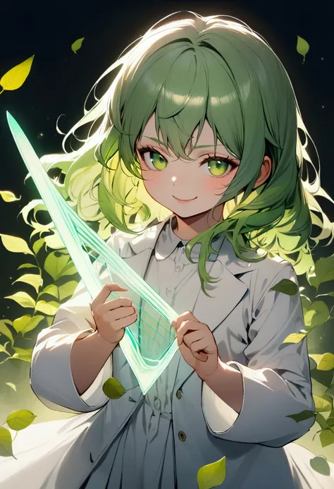 child girl, tidy hair, medium length hair, multicolored white and green hair, innocent smirk, greeneyes, white  shirt, school blue jacket, white tattoos on the body, holding a magic harp, leaf aura 