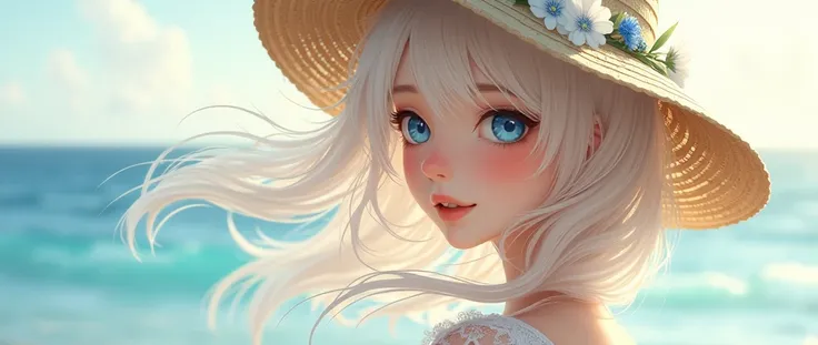 a delicate and ethereal illustration of a young woman with flowing platinum blonde hair, gently swaying in the breeze. She is adorned with a wide-brimmed straw hat, decorated with white and pale blue flowers, evoking a serene, summery atmosphere. The scene...