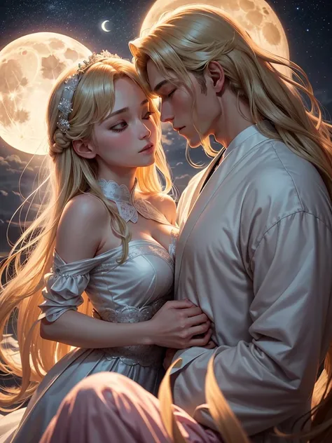 image shows Usagi and Mamoru in a romantic scene under the night sky. Mamoru is holding Usagi in his arms gently as they both look up at the full moon shining brightly in the sky. Usagi, with her long blonde hair flowing, has a serene and passionate expres...