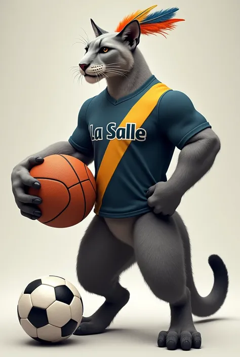 Andean puma lead, standing on two legs, with a lead-colored athletics shirt and stepping on a soccer ball and in the other front paw holding a basketball, on the head that has a feather ribbon, on the shirt on the chest that has the word La Salle diagonall...