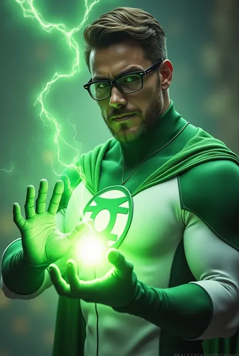 A superhero, naughty man, with healing power and a green power coming out of his hands and with white and green clothes wearing glasses