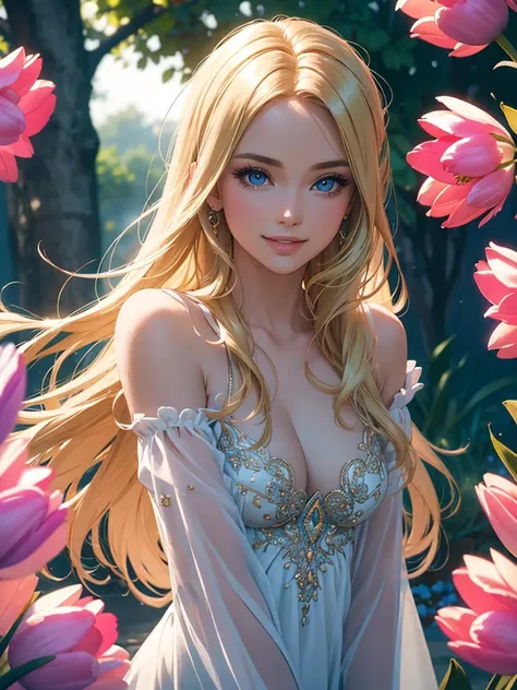 (Best quality,ultra detailed,photorealistic:1.37),Bright and rich colors,studio lighting,playful facial expression,stylish makeup,Long blonde hair fluttering in the wind,inviting eyes,glossy lips,sexy pose, Tulips, I smile confidently and seductively,posin...