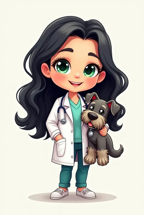  Logo for a company bodys nali"WORDS THAT HAVE TO GO IN THE IMAGE "which has with:
1. a chubby girl with green eyes , doctor and black hair and 2. pet a schnauzer breed dog named nala 

