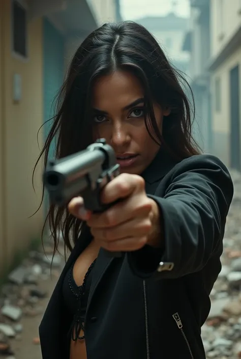 masterpiece, a beautiful Brazilian girl of 24 years in a favela of Sao Paulo fighting in urban war, She fights in a war of urban gangs Brazilian. holding a revolver six-shooter [Revolver] colt python ((Colt Python 357 Magnum)), Fighting posture, debris and...