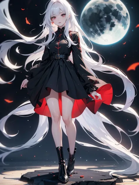 girl with long white hair down to her waist, with small red details, red eyes, long black dress with a leg slit, with red detail...